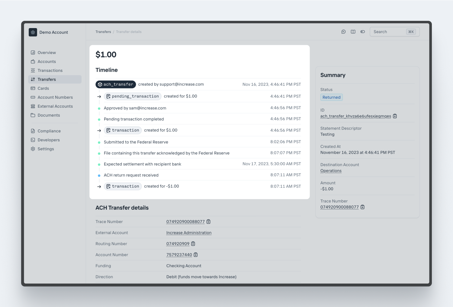 Dashboard ACH timeline